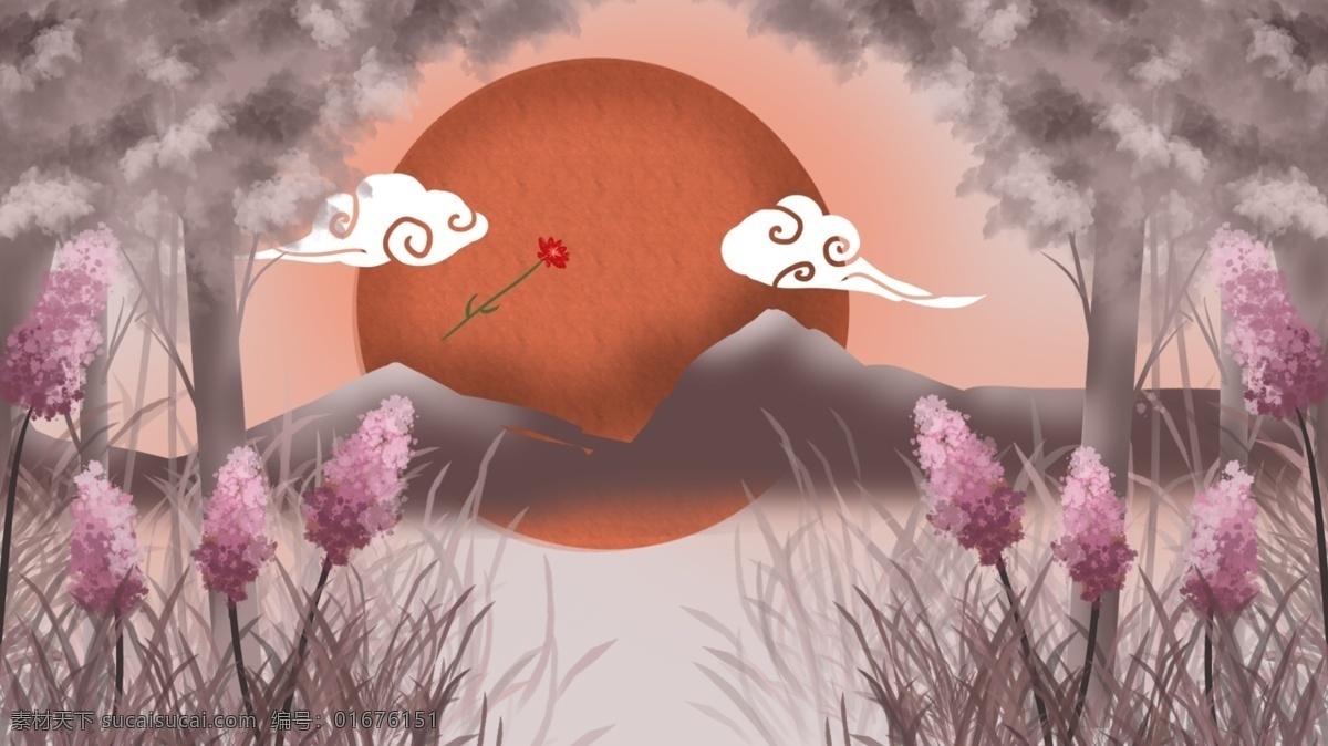 黄昏 森林 唯美 插画 背景 中国风 背景素材 卡通背景 树林 日落 画册背景 广告背景 psd背景 手绘背景