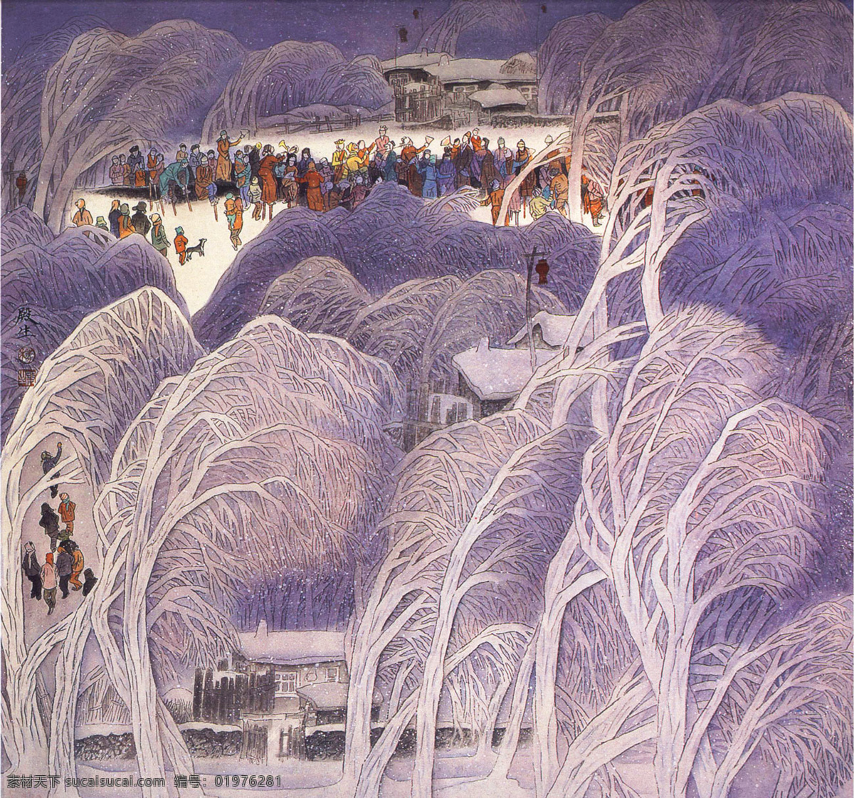 高跷 版画 国画 无框画 装饰画 抽象 装饰 图案 乡村 树林 冬天 人物 人群 过年 踩高跷 当代中国画 绘画书法 文化艺术