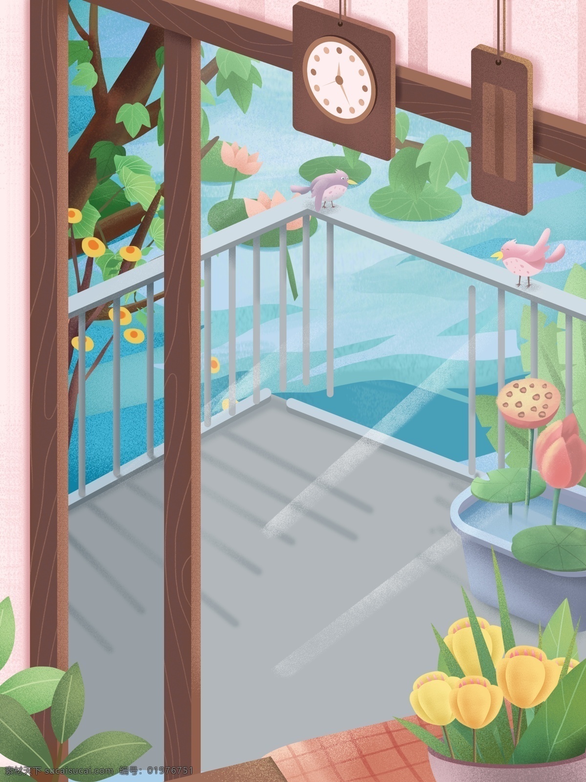 小 清新 花园 背景 插画 池塘 植物 卡通 彩色 创意 装饰 设计背景 海报背景 简约 图案