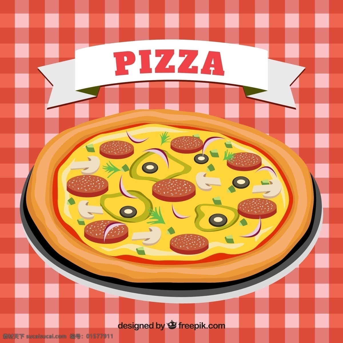 美味 香肠 披萨 矢量 格子 条幅 快餐食品 意大利 食物 桌布 丝带 矢量图