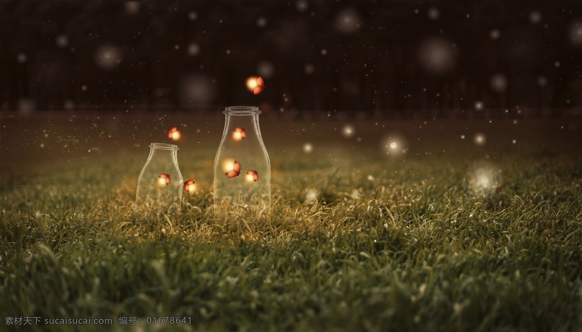 夜晚 萤火虫 草地 玻璃瓶 唯美 背景 背景素材