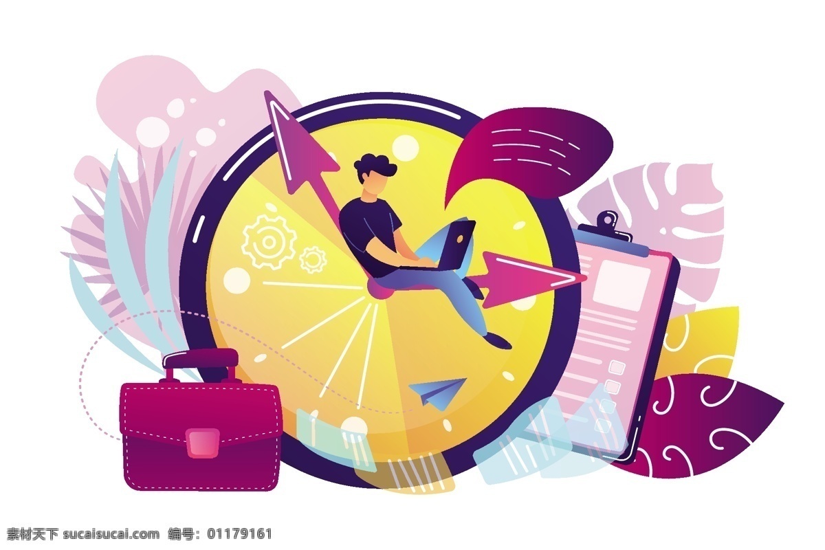 坐在 指针 上 工作 男人 矢量 卡通 紫色 时钟 树叶 电脑 手绘 公事包