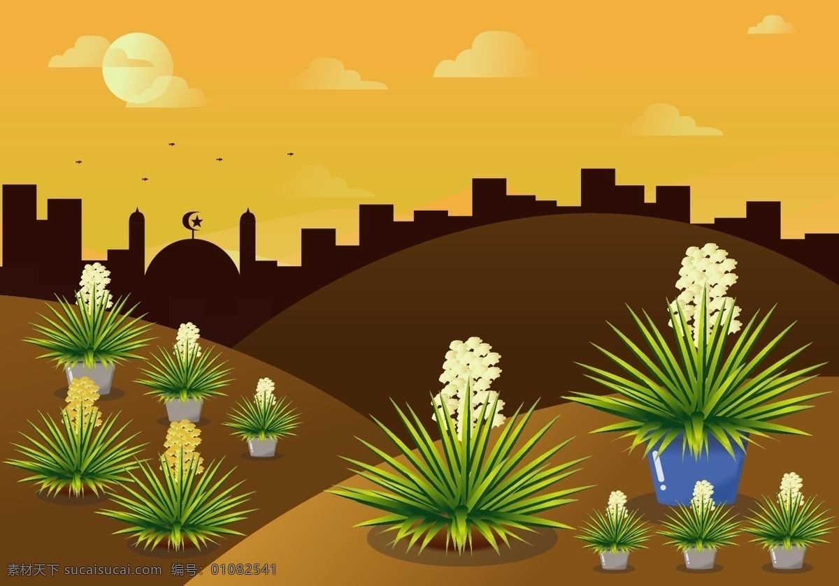 扁平 沙漠 植物 插画 扁平插画 沙漠插画 沙漠植物 手绘植物 手绘树木 城市背景 矢量素材