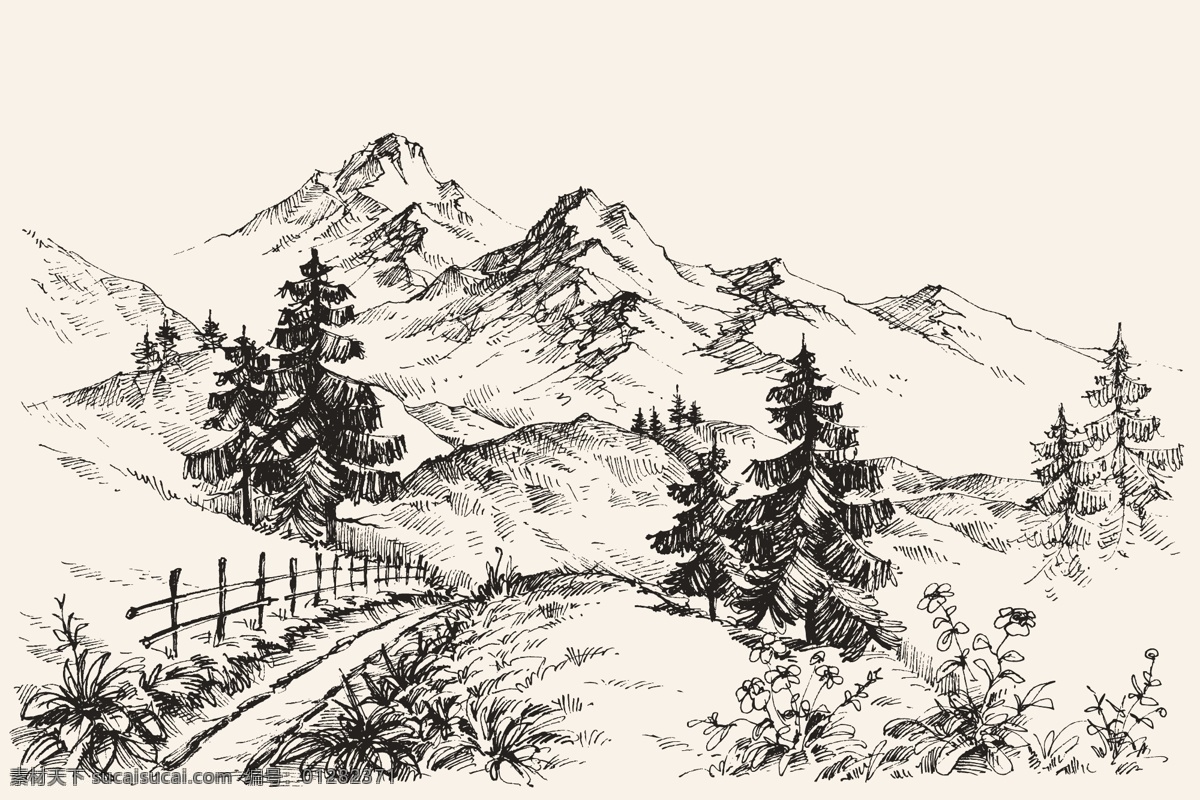 手绘山川 手绘山峰 手绘风景 素描 高山 山脉简笔画 插图 绘画 山峦 山川 自然风景