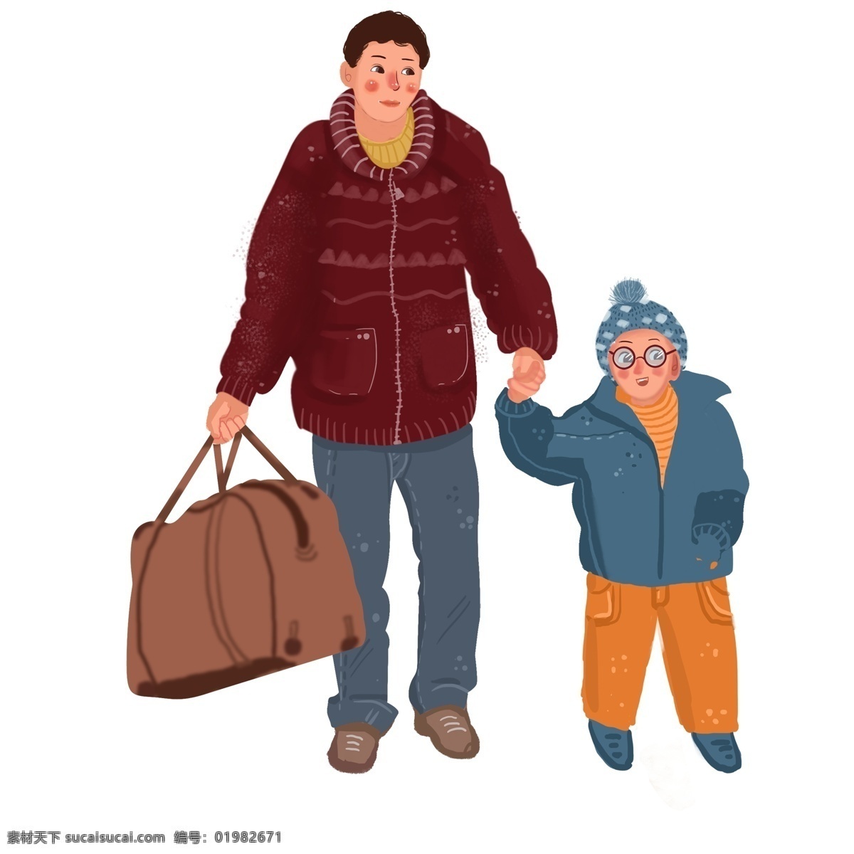 复古 手绘 父子 俩 人物 插画 男人 男孩 上班 斧子 行李 离家