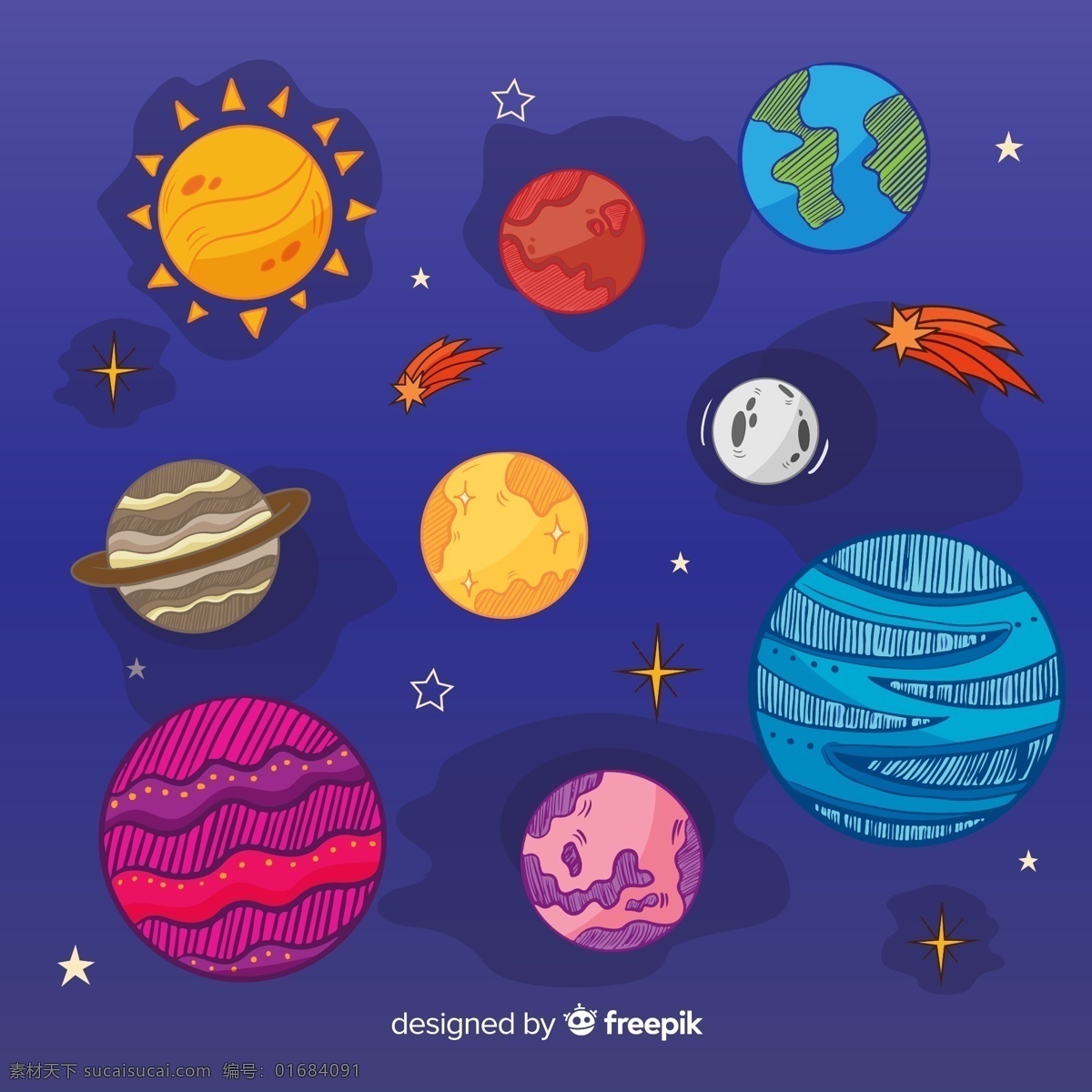 彩色 太阳系 行星 彩色太阳系 行星设计 矢量素材 水星 金星 地球 火星 木星 土星 天王星 海王星 太阳 流星 精美 装饰 时尚背景 酷炫 潮流 矢量图 背景图 底图 包装设计 设计元素 科技 板报 海报 模板 办公 企划 科学研究 现代科技