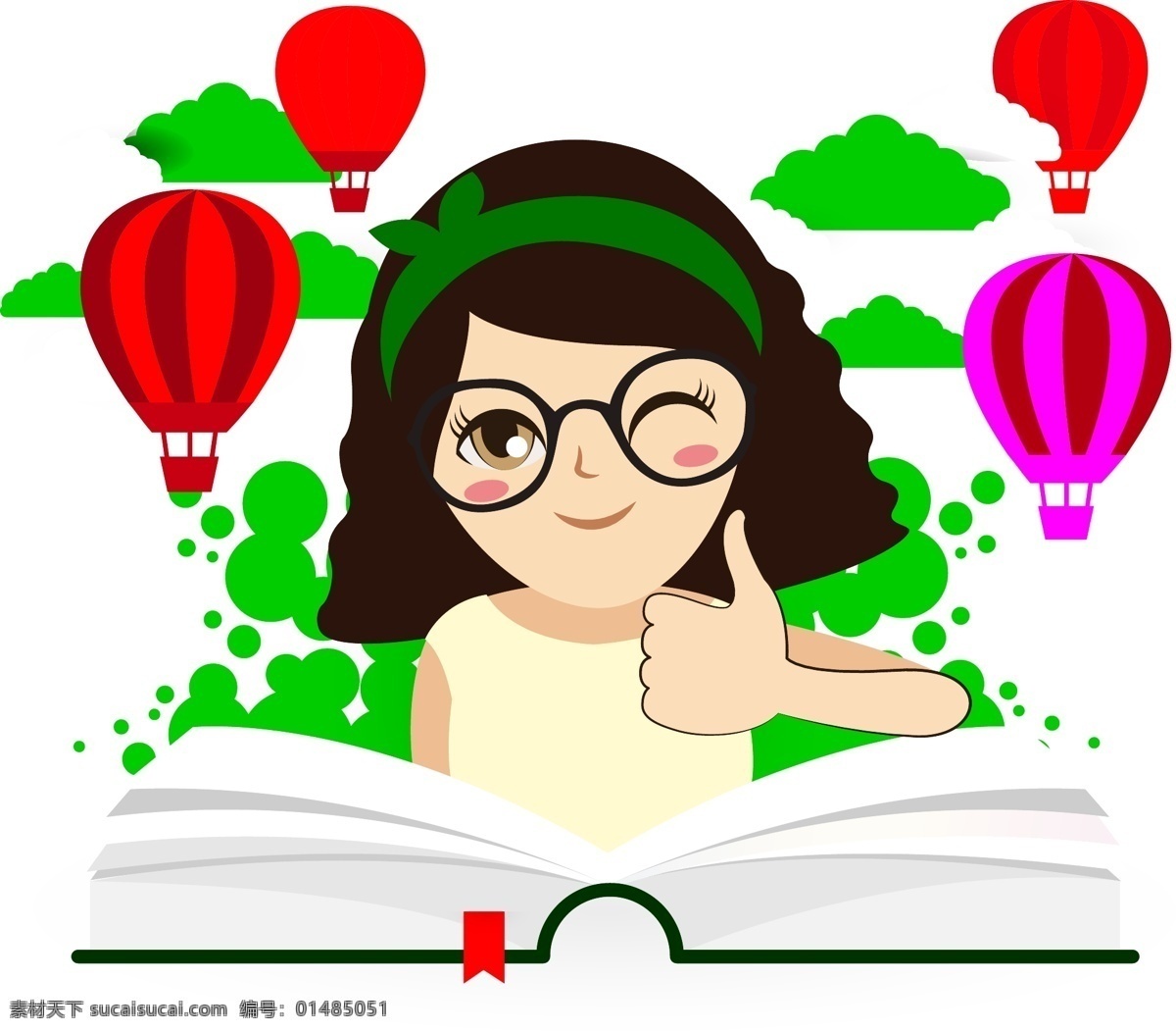 戴 眼镜 女孩 阅读 看书 矢量 元素 热气球 卡通 美女 矢量元素 免抠元素 透明元素
