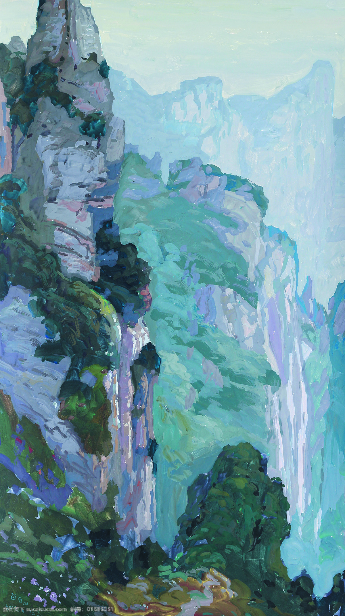 白石山 美术 油画 山岭 山峰 山景 树木 文化艺术 绘画书法 青色 天蓝色