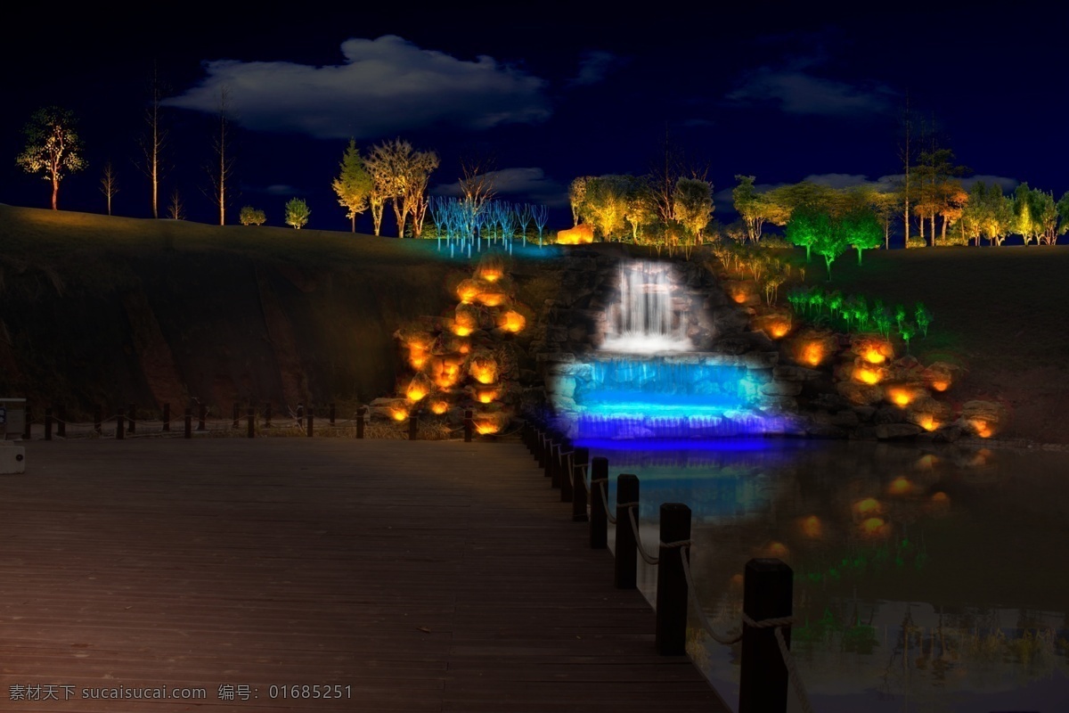 瀑布 水体 灯光 效果图 山体 山体泛光照明 流水 休闲 公园 夜景