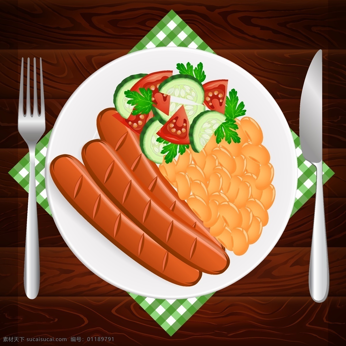 时尚 美食 快餐 插画 西餐 美味 香肠 蔬菜 沙拉 餐具
