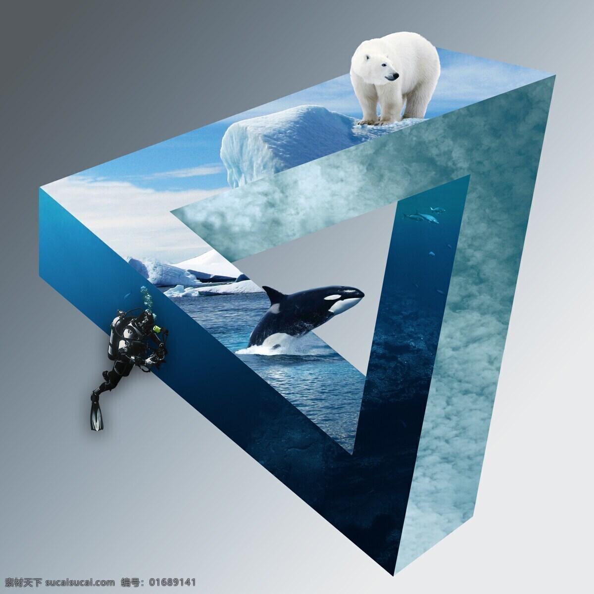 创意 海洋 合成 大自然 生物 世界 人类 合成大自然 生物世界 动物世界 3d作品 北极熊 鲸鱼 3d设计