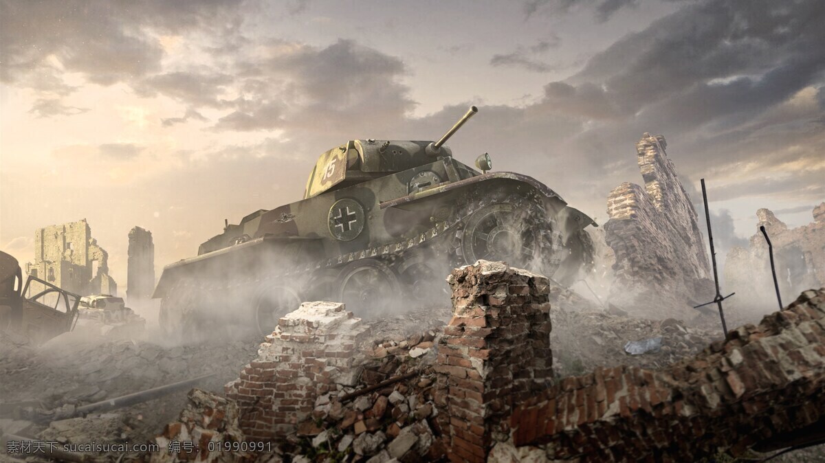 坦克 战斗 废墟 插画 背景 现代科技 军事武器