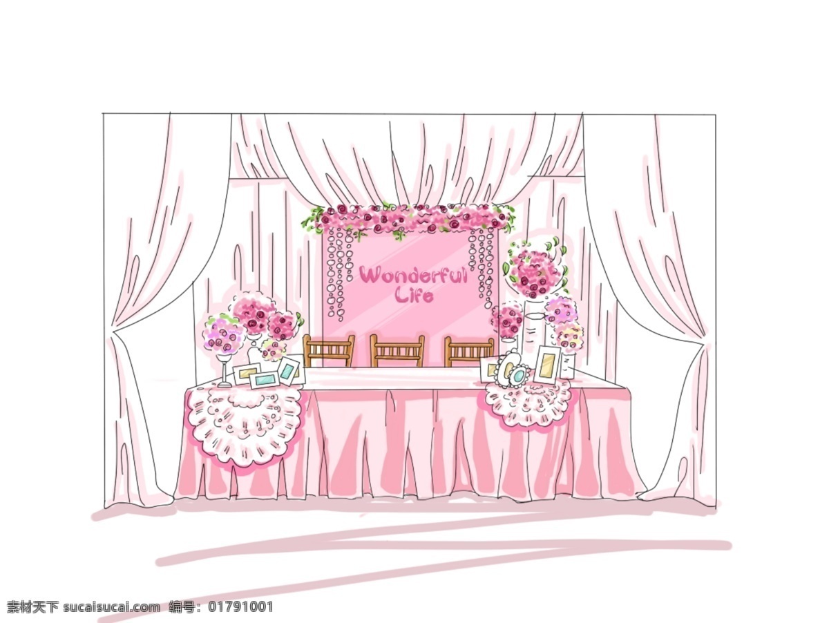粉色 系 手绘 签到 区 手绘效果图 婚礼手绘 婚礼设计 效果图 环境设计