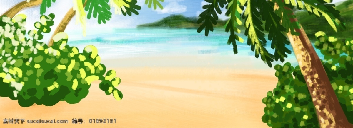 水彩 海边 风景画 背景 海报 棕树 夏季 绿色 平静
