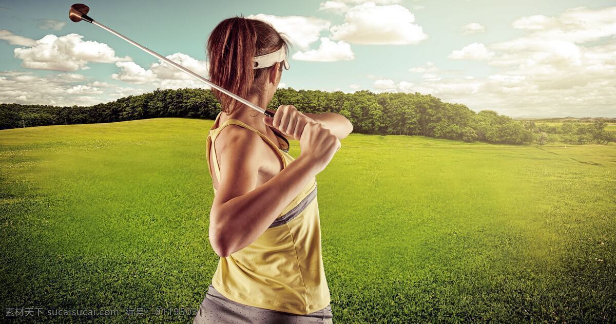 高尔夫 美女 打高尔夫 高尔夫美女 蓝天白云 菜地 高尔夫球棍 人物 人物图库 女性女人