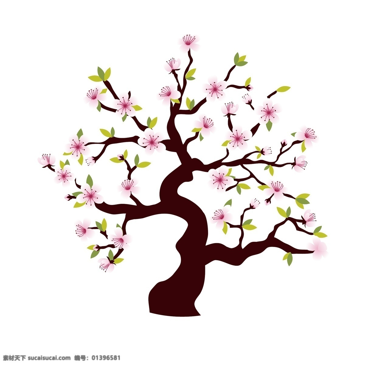 手绘 花朵 大树 元素 卡通 水墨 粉色 矢量