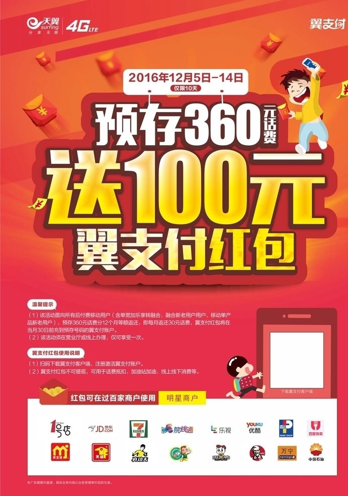 中国电信海报 海报 预存360元 送100元 翼支付红包 红包素材 卡通人物 1号店 京东