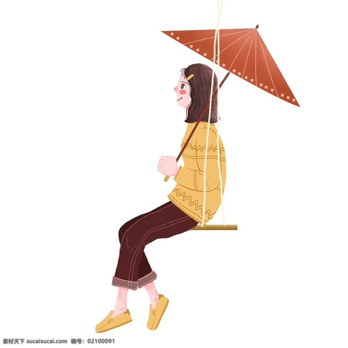 复古 肌理 荡秋千 女孩子 复古肌理 插画 女生 手绘 雨伞