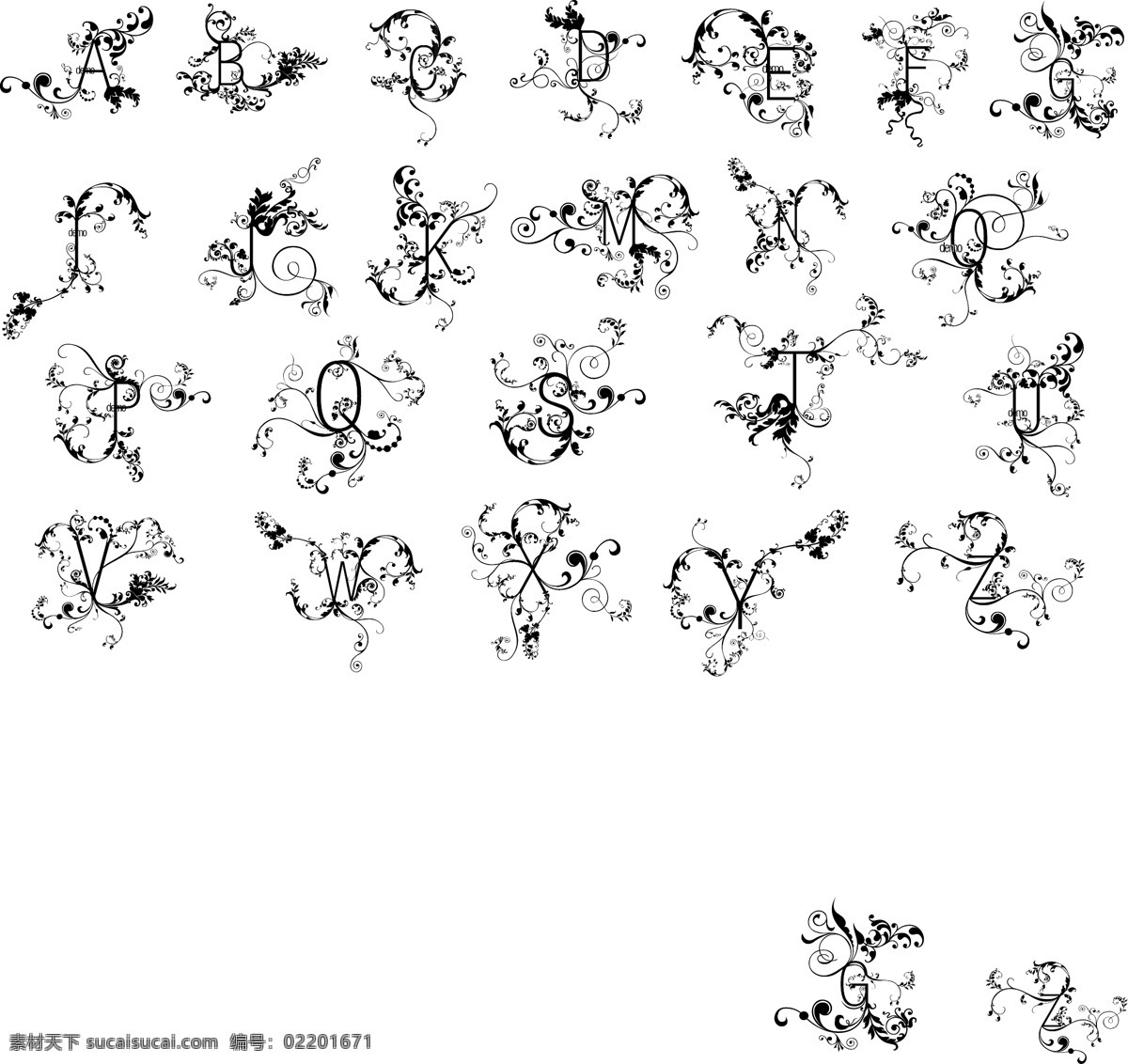 英文 字母 26个字母 底纹边框 黑色线条 花纹花边 欧式花边 英文字母 潮流字母 矢量