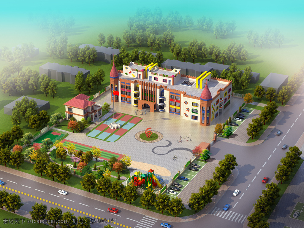 简约 可爱 尖顶 幼儿园 效果图 建筑模型 建筑效果图 色彩丰富