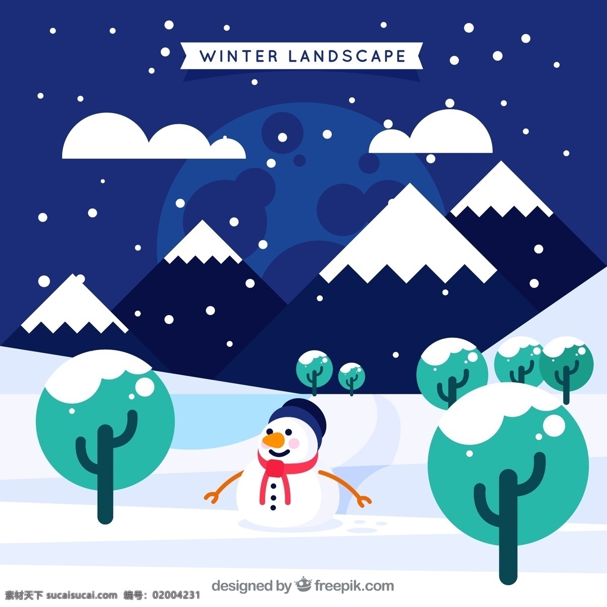 创意 冬季 雪地 风景 矢量 矢量素材 雪人圣诞节 平安夜 夜晚 下雪 自然景观 自然风光