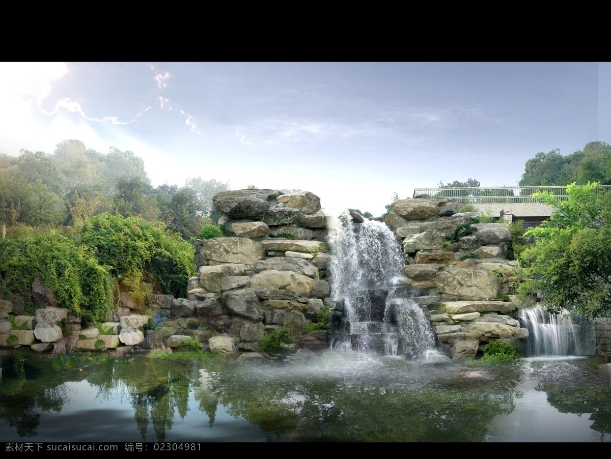 瀑布景观 效果图 景观 园林 假山 瀑布 效果图psd 分层素材 景观设计 环境设计