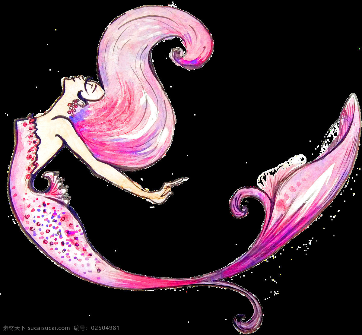 优美 彩色 美人鱼 元素 粉色 蓝色 手绘 海报素材 免扣素材 广告素材