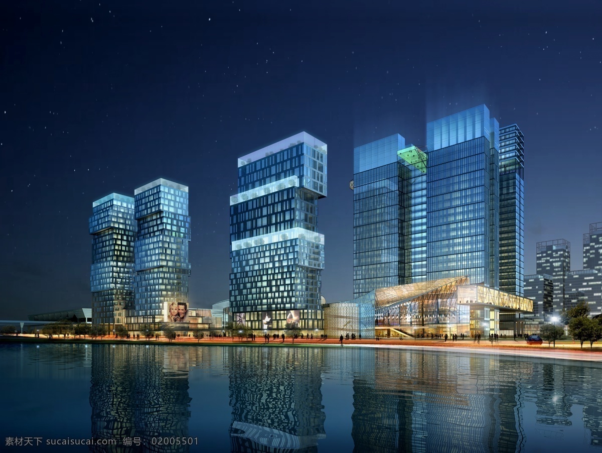 湖边 商业 中心 夜景 湖泊 马路 汽车 人物 星星 灯光效果 草地 树木 房屋 建筑物 深蓝色天空 环境设计 建筑设计 黑色