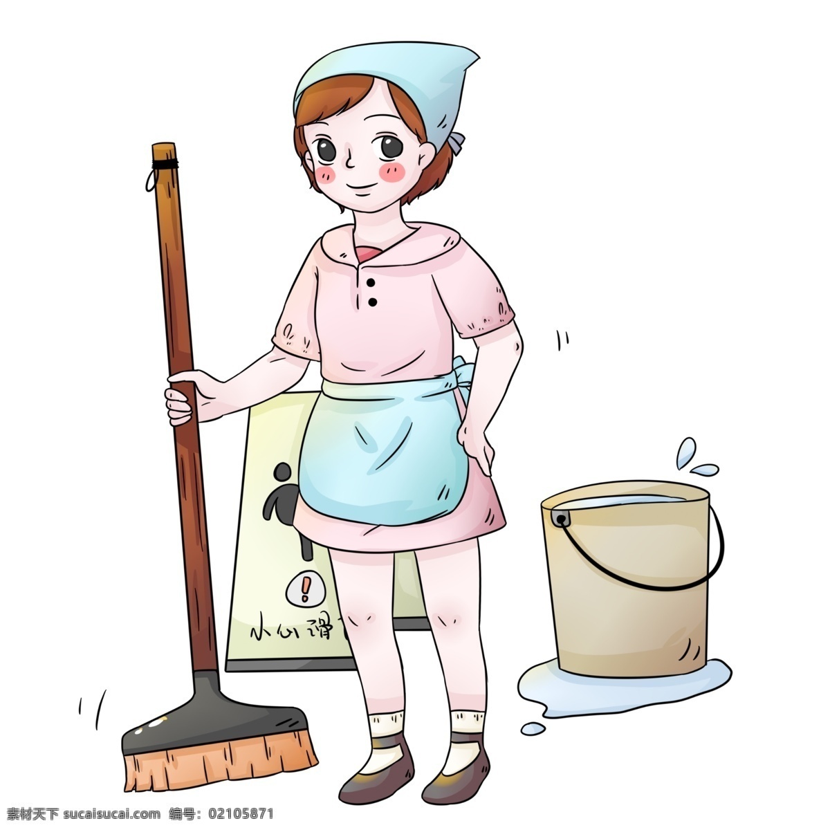 手绘 卡通 社区服务 打扫 阿姨 女孩 打扫卫生 清洁 清洁服务 小心地滑图标 扫把 水桶 女生