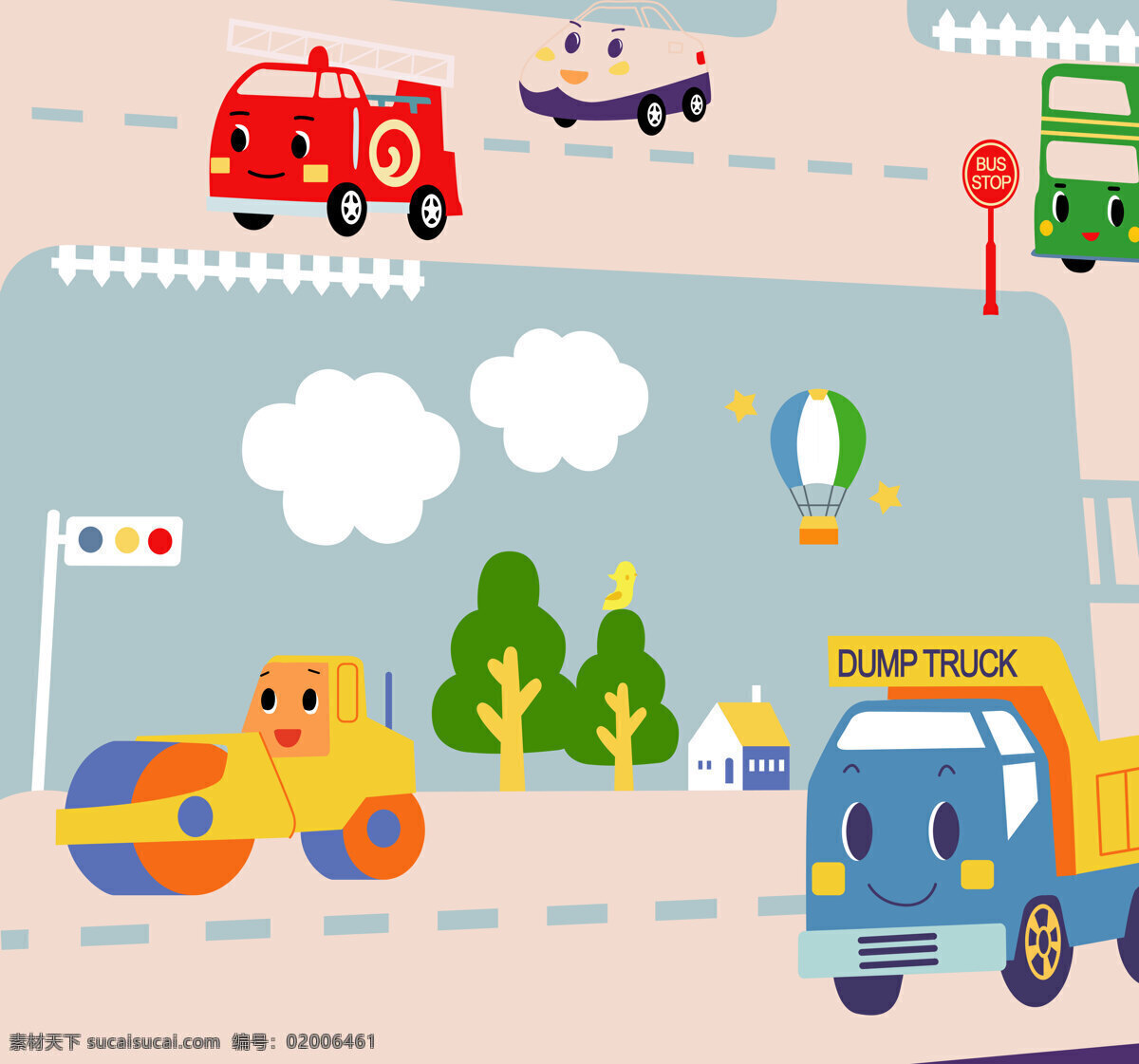 卡通汽车 卡通 儿童 插画 汽车 轧路车 热气球 小树 栅栏 白云 红绿灯 路牌 消防车 动漫动画