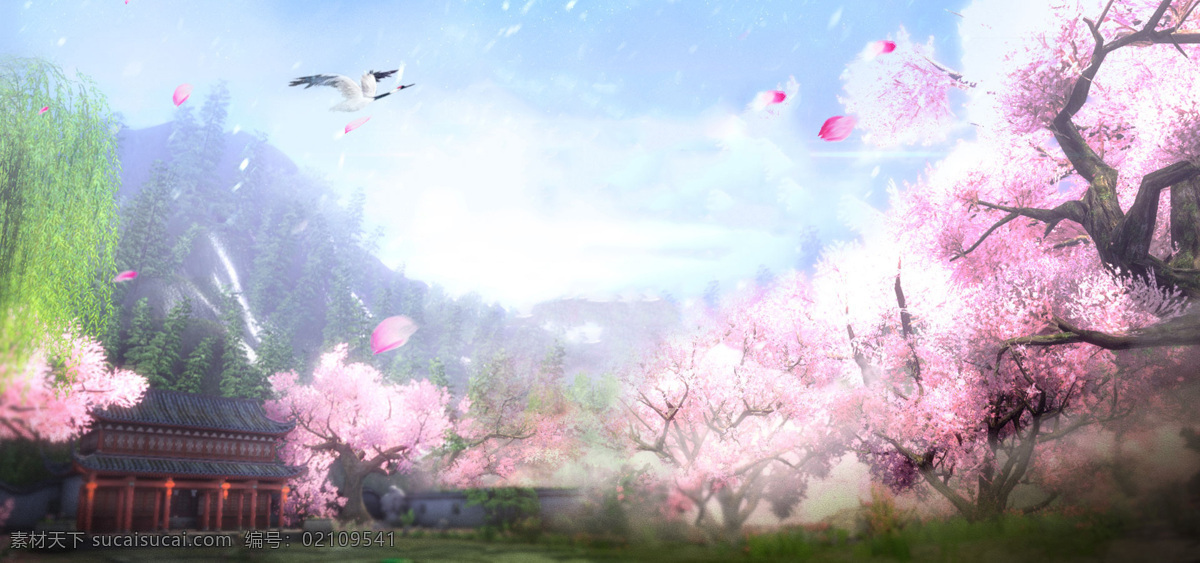 唯美 粉色 花朵 banner 背景 清新 粉色花朵 大树 景色