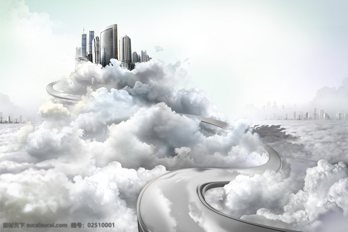 海市蜃楼 城市建筑 高楼大厦 立交桥 道路 公路 白云 云朵 云层 自然风景 自然景观 白色