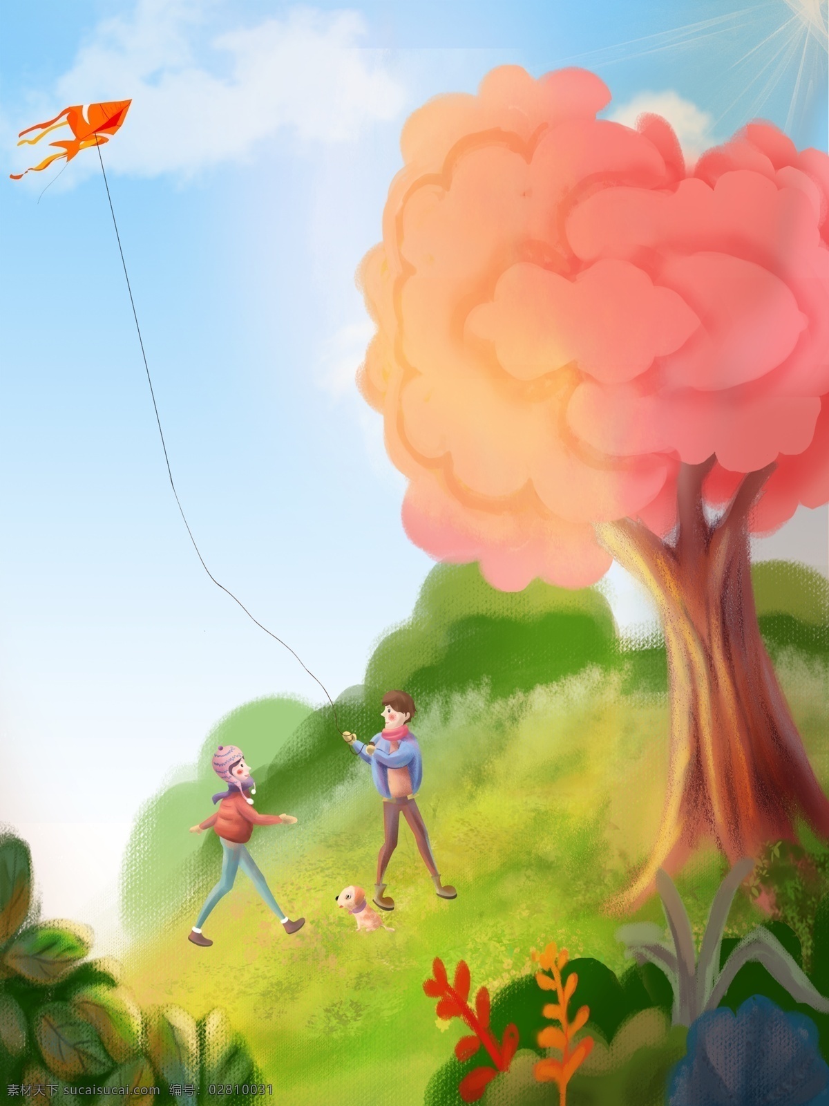 春季 卡通 儿童 放风筝 背景 六一 卡通村 手绘草地 春季郊游