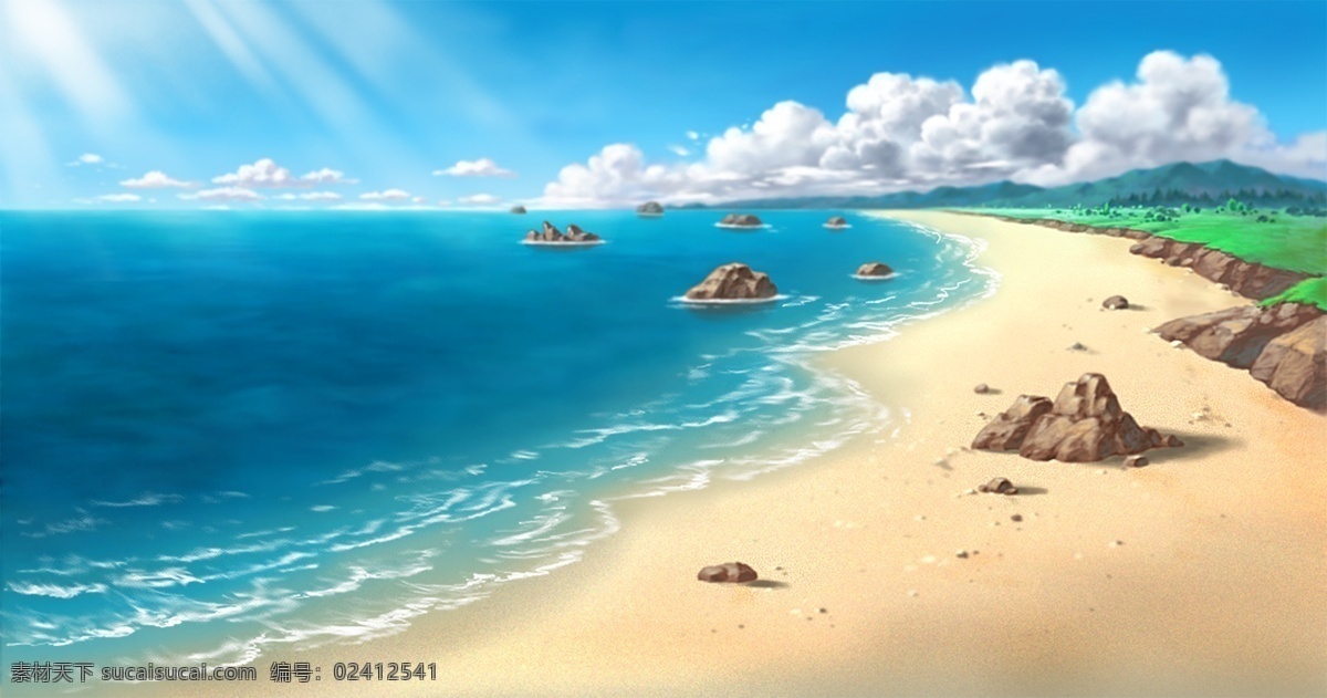 卡通场景 蓝天 白云 阳光 海 海滩 小树林 源文件库 300