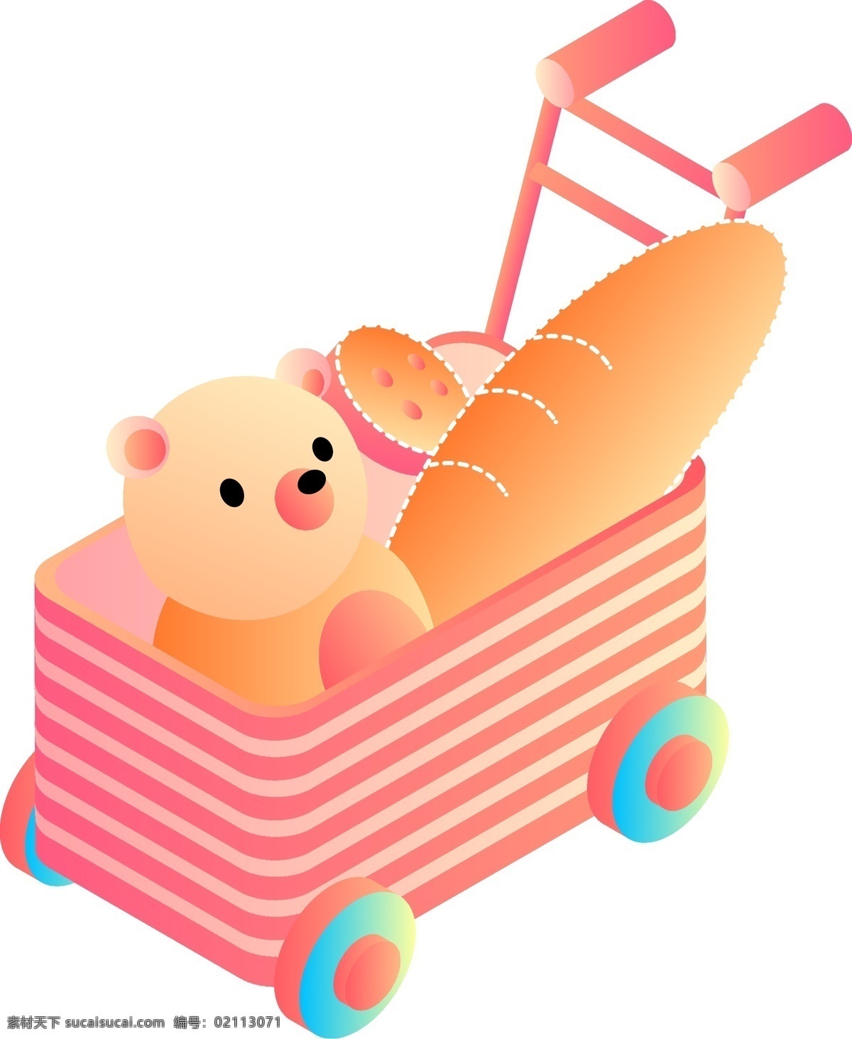 手绘 卡通 小 清新 儿童 小推车 商用 元素 小清新 购物车 玩具 长面包 小熊玩偶 儿童小推车