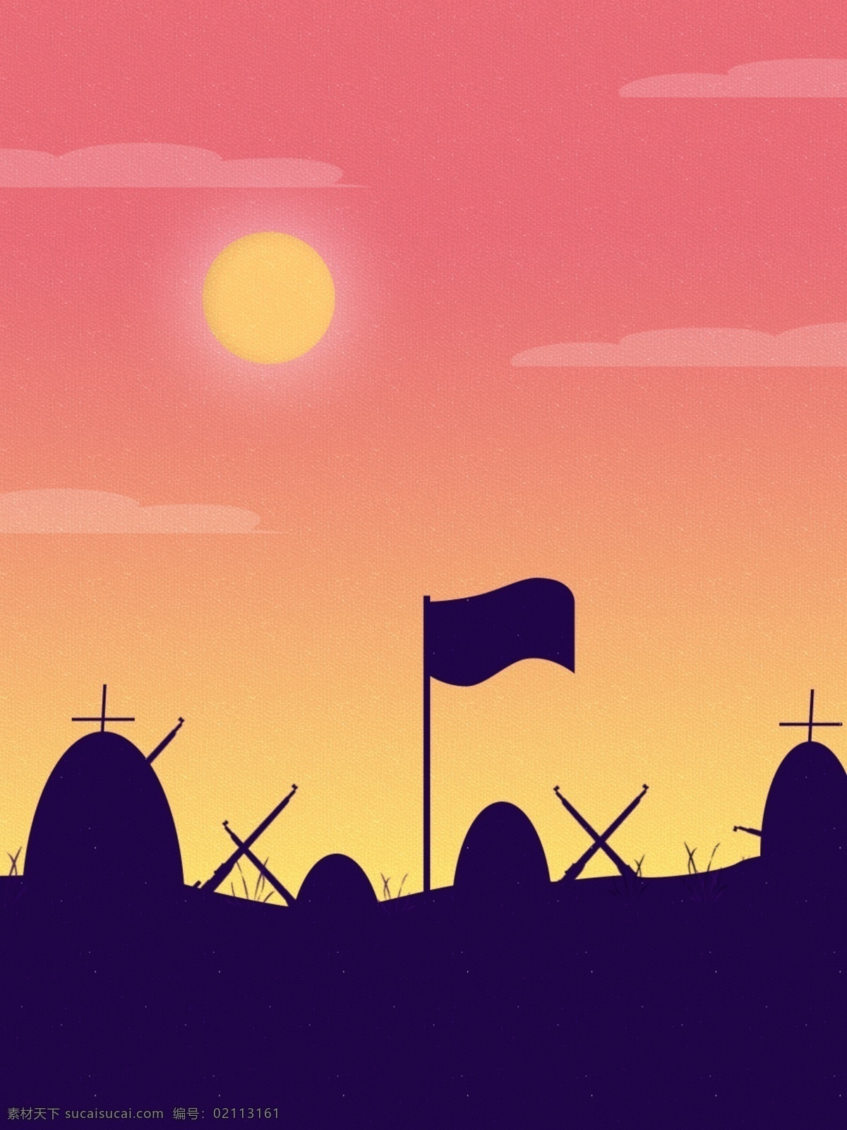 纯 原创 卡通 扁平 风 剪影 战争背景 夕阳背景 剪影背景 红旗背景 枪战背景