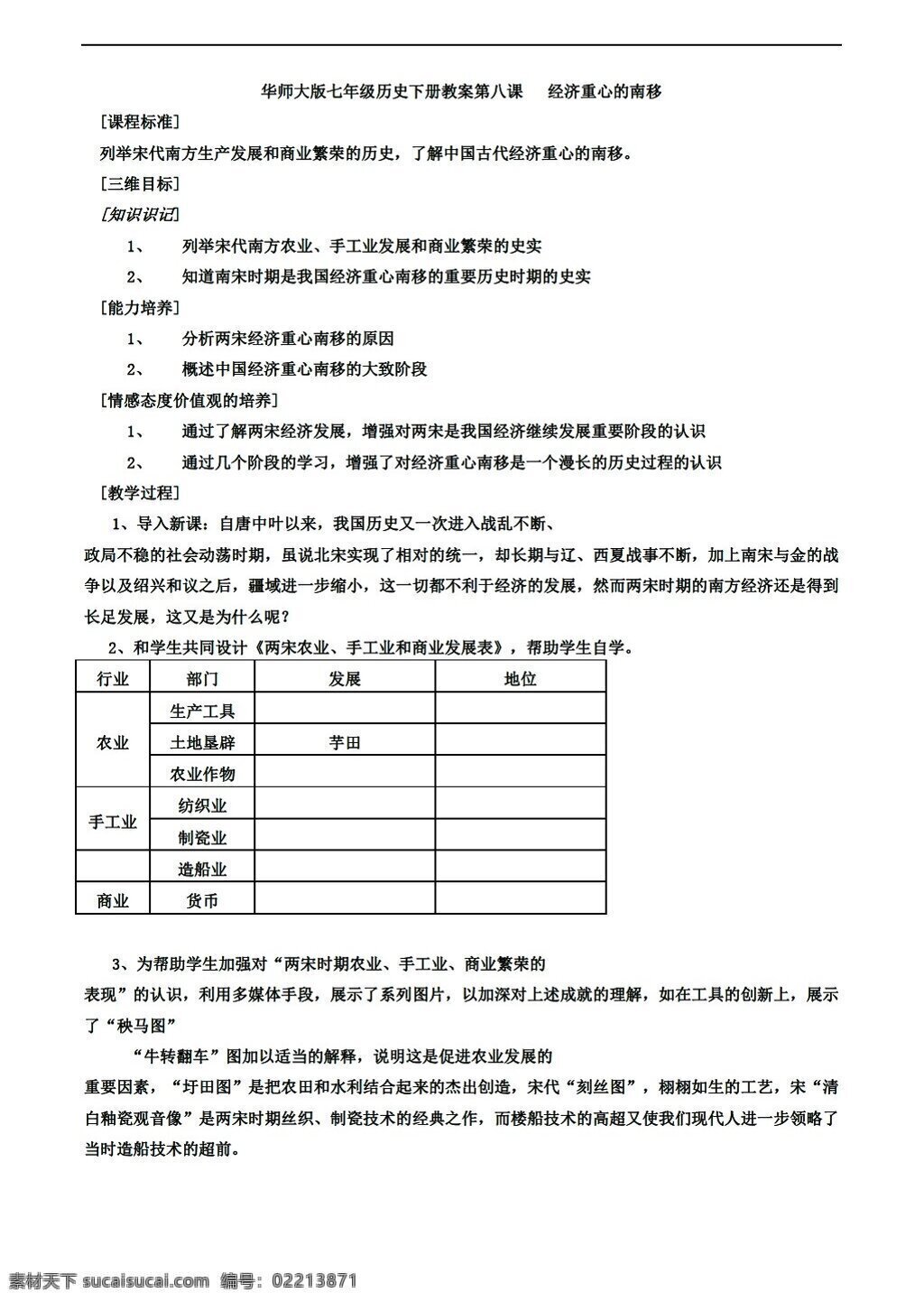 七 年级 下册 历史 课 经济 重心 南移 教案 下 华师大版 七年级下册