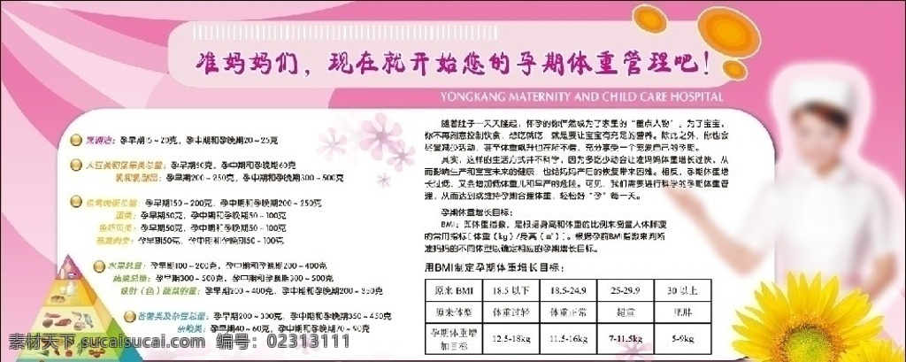 孕期 体重 管理 海报 护士 菊花 营养三角堆 线条 医院宣传 广告设计模板 源文件