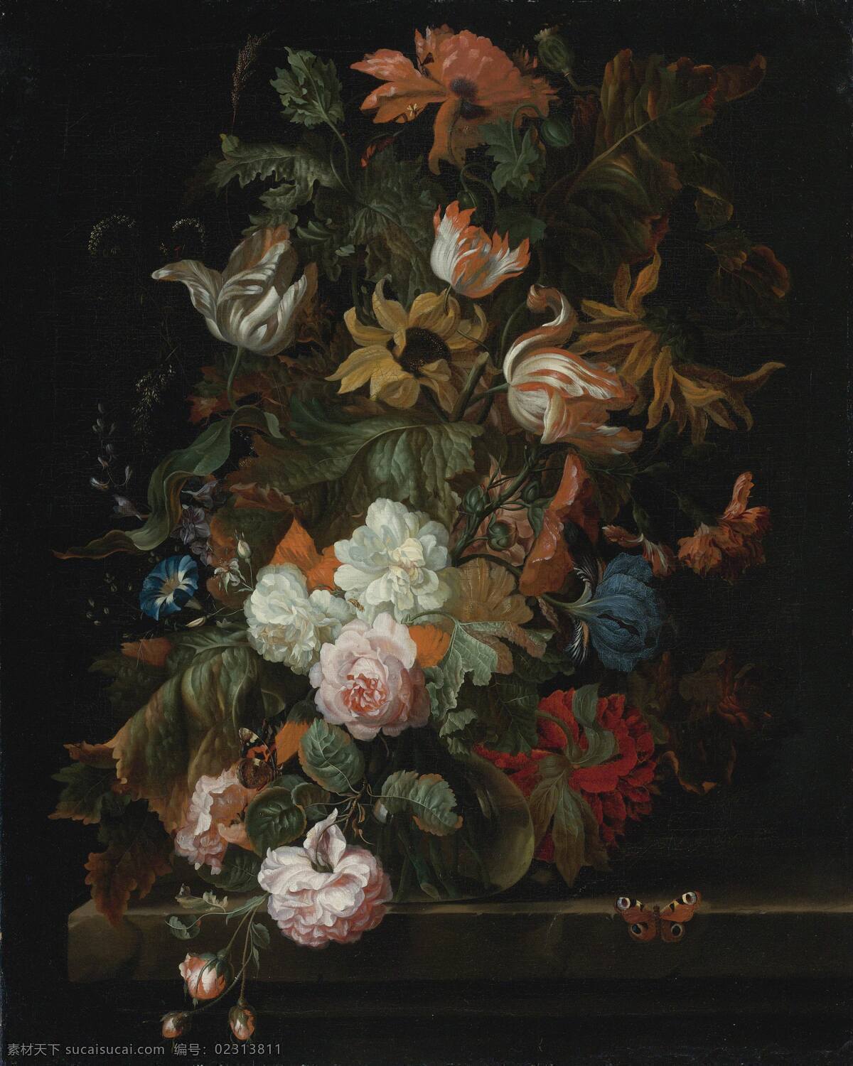 玻璃花瓶 古典油画 蝴蝶 绘画书法 文化艺术 油画 桌面 静物 鲜花 设计素材 模板下载 静物鲜花 混搭鲜花 装饰素材