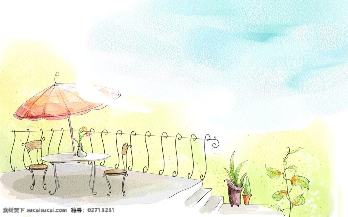 韩风 手绘 水彩 插画 街景 餐厅 餐桌 咖啡 午后 休闲 阳台 走廊 露天 插画集