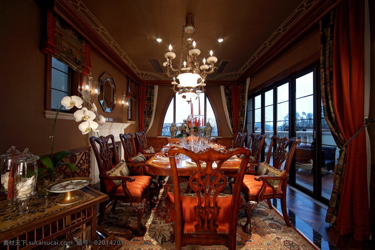 欧式 餐厅 餐桌 装修 效果图 白色射灯 吊灯 方形吊顶 米黄色地板砖 桌椅