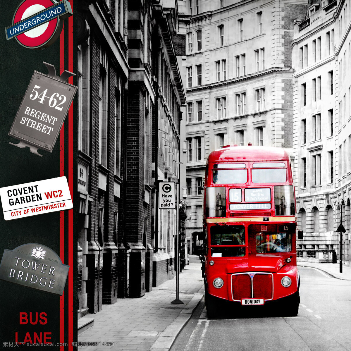 红色公交车 公交车 大街 无框画 欧美图片 建筑 黑白 怀旧 交通工具 现代科技