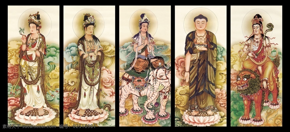 佛像 文殊菩萨 普贤菩萨 菩萨 佛教 文化 画 文化艺术 传统文化