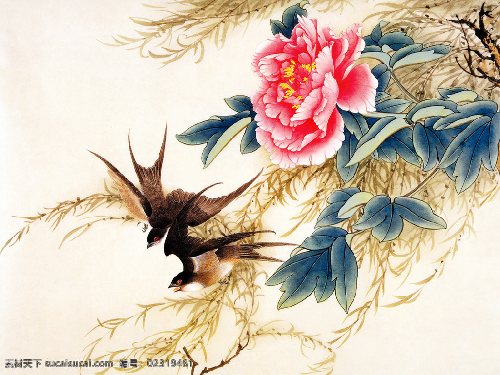 飞鸟 牡丹 国画 中国画 绘画艺术 装饰画 牡丹花 书画文字 文化艺术