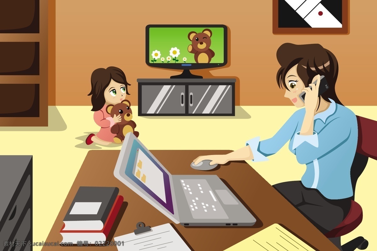 在家 休闲 妈妈 孩子 家庭 上网 玩电脑 看电视 窗户 矢量 卡通家庭主题 日常生活 矢量人物