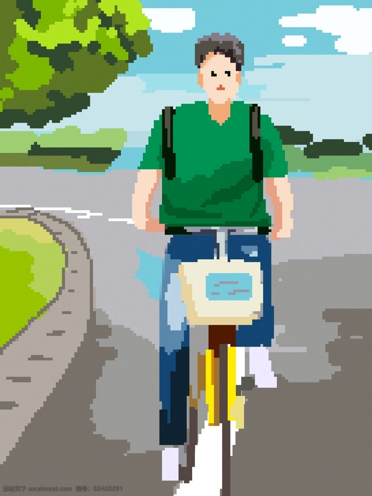复古 像素 画 阳光 男孩 校园 骑 自行车 复古像素画 眼光男孩 校园骑自行车 校园生活 蓝天白云