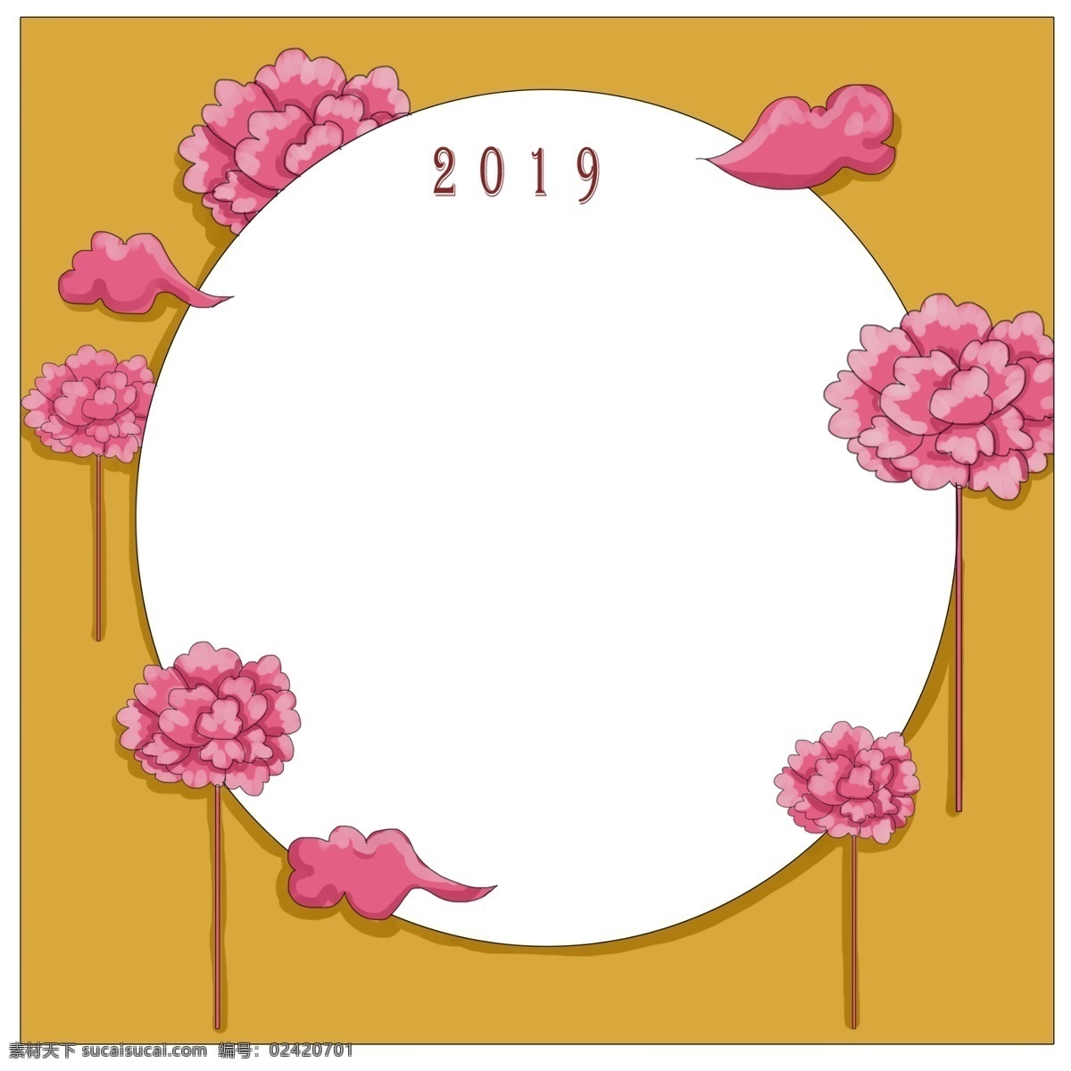2019 新年 花朵 边框 新年花朵边框 手绘新年边框 简约红花边框 黄色边框 喜庆 边框插画