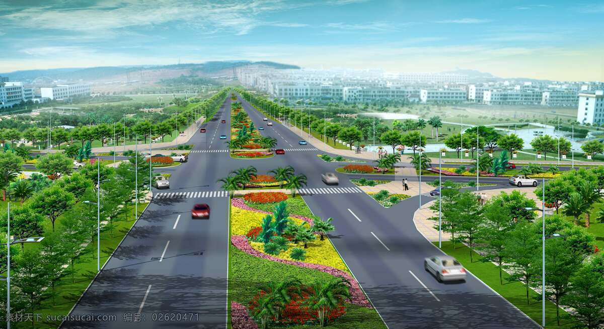 中央大道 高速公路 效果图 公路 建筑 天空 透视图 环境设计 设计图 园林 汽车 绿化 绿化带 十字路口 景观设计 设计图库