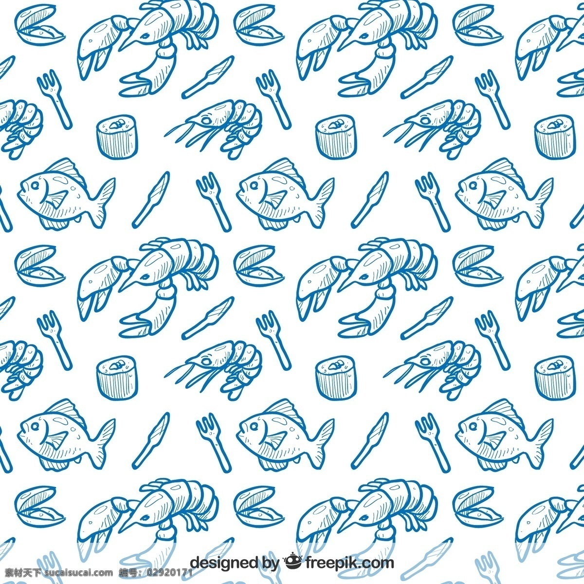蓝色 素描 海鲜 餐饮 背景 餐饮美食背景 龙虾 鱼 海虾 刀叉 餐具 寿司 牡蛎 海鲜背景 餐饮背景图片 白色