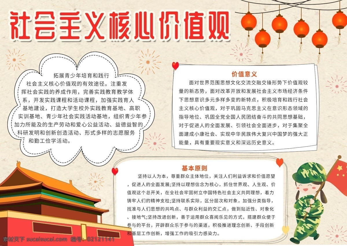 平面 橙色 简洁 大气 社会主义 核心 价值观 小报 灯笼 国旗 板报 手 抄报 天安门 价值 意义 民主 平等 原则 电子报 校园小报